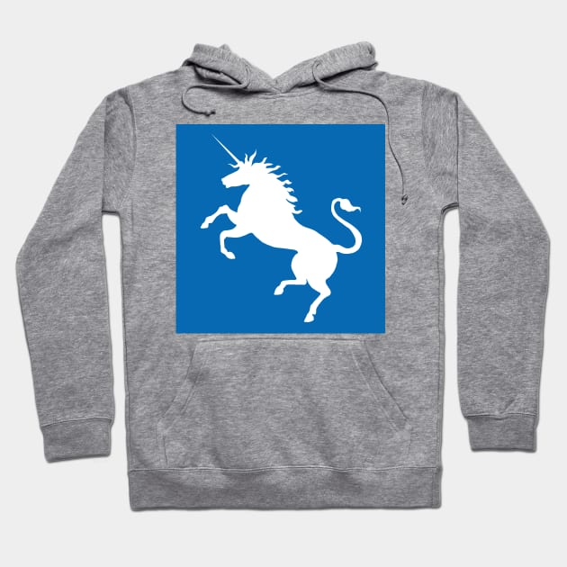 White Coloured Rearing Scottish Unicorn On Saltire Blue Background Hoodie by MacPean